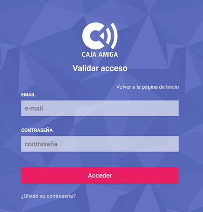 TPV Caja Amiga. Formulario de acceso al panel de gestión